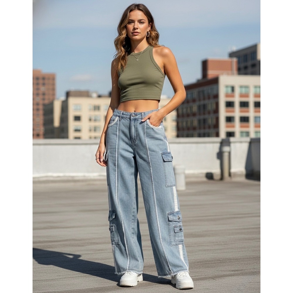 POL Clothing Lace Trim Wide Leg Cargo Jeans Light Wash Baggy Denim Womens M